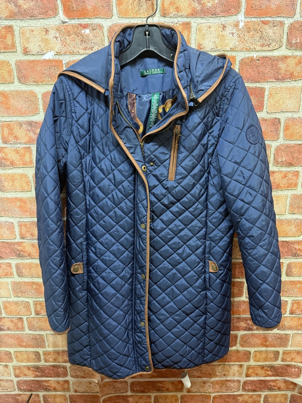 Lauren Ralph Lauren Navy Quilted Hooded puffer Jacket with Brown Trim